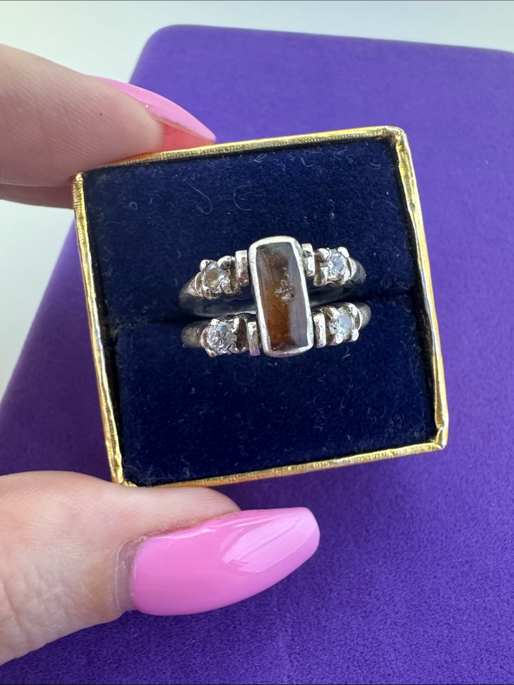💛 Vintage Sterling Silver Amber & Larimar Reversible Ring | Boho CZ Accents